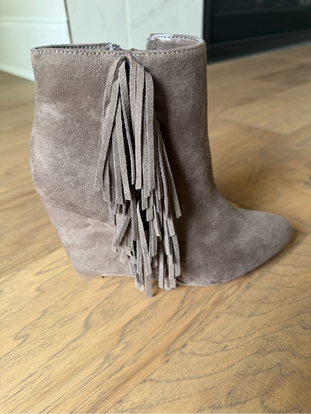 Madden Girl Taupe Suede Fringe Wedge Ankle Boots